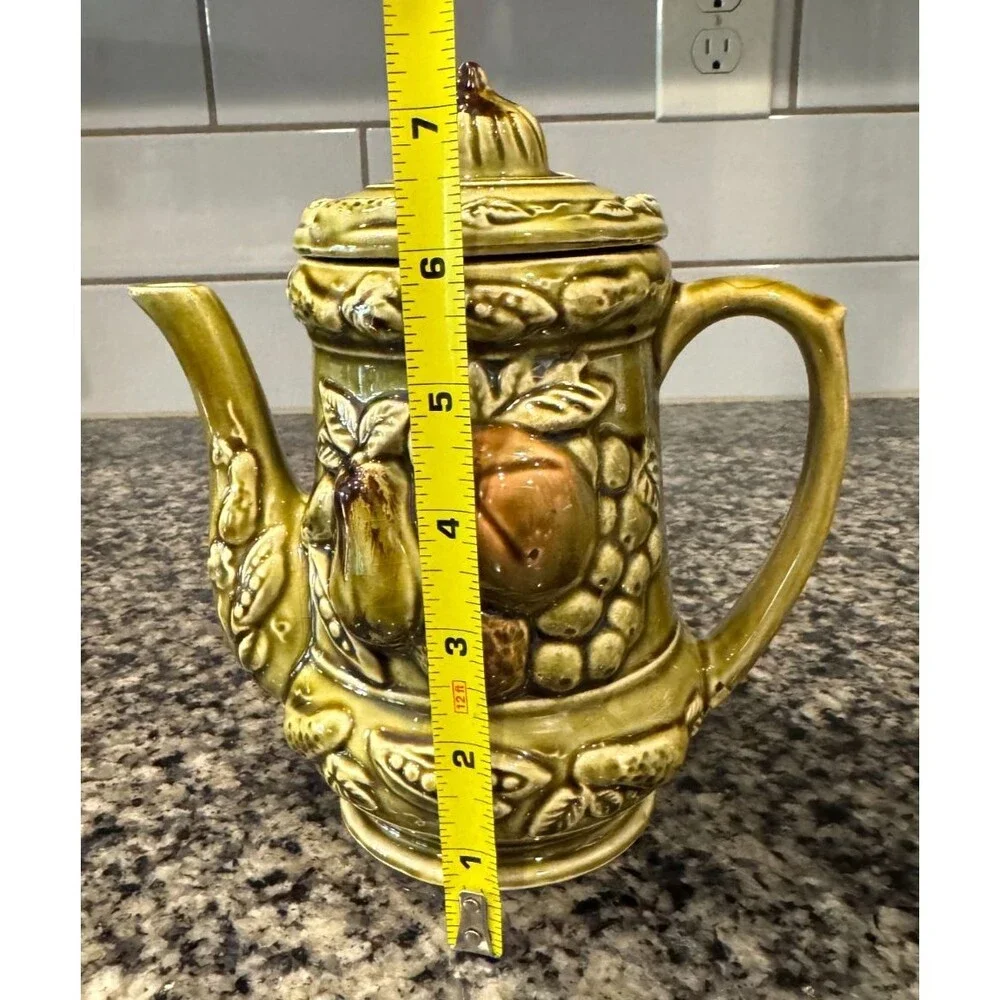 Vtg MCM Tilso Avocado Green Glazed Fruit Motiff Ceramic Tea Pot w Lid Japan